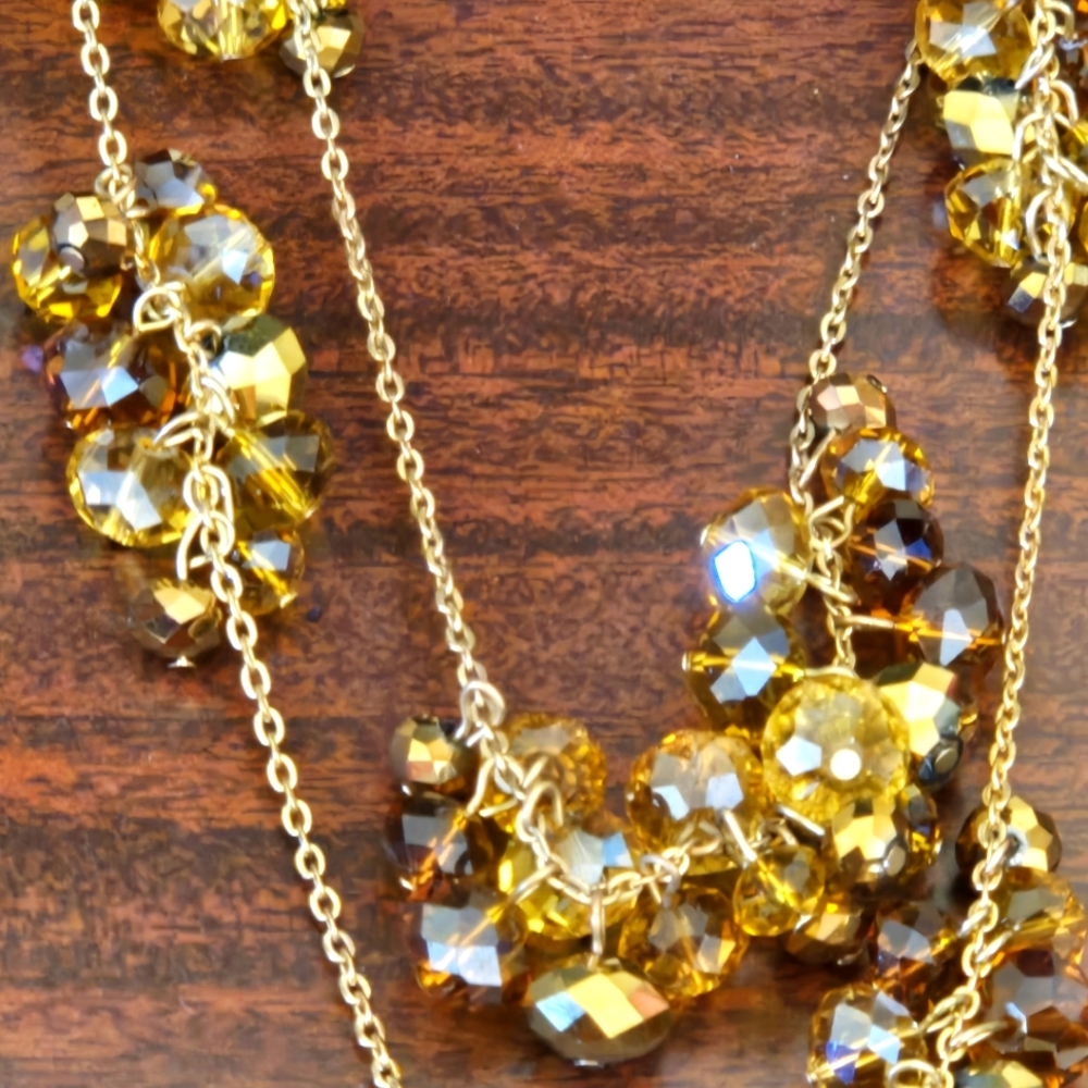 Sparkling Goldtone Amber Cluster Beaded Necklaces, Earrings, and Bracelet